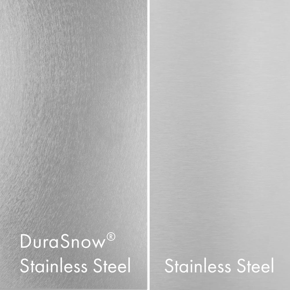 Comparison of DuraSnow stainless steel finish with standard stainless steel, showing the unique texture and appearance of DuraSnow stainless steel.