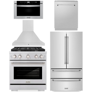 ZLINE Appliance Package - 30" Dual Fuel Range, Range Hood, 36" Refrigerator with Ice Maker, 24" Microwave Drawer and Dishwasher in Stainless Steel