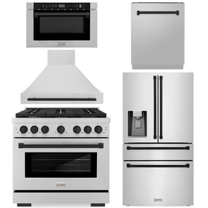 ZLINE Autograph Appliance Package - 36" Gas Range, Range Hood, 36" Refrigerator with Water/Ice Dispenser, 24" Microwave Drawer and Dishwasher in Stainless Steel with Matte Black Accents