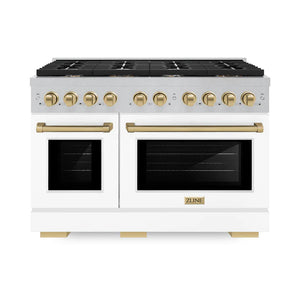 ZLINE Autograph Package - 48" Gas Range and Range Hood in Satin Stainless Steel, White Matte, Bronze Accents
