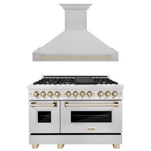 ZLINE Autograph Package - 48 In. Dual Fuel Range and Range Hood in Satin Stainless Steel with Gold Accents, 2AKPR-RASRH48-G