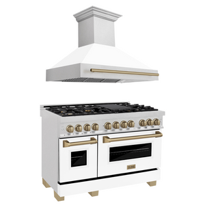 ZLINE Autograph Package - 48" Dual Fuel Range, Range Hood in Satin Stainless Steel, White Matte Door, Bronze Accents