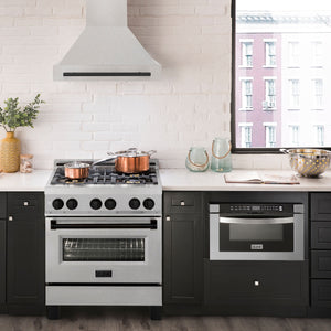 ZLINE Autograph 30" Satin Stainless Steel Wall Mount Range Hood with Matte Black Handle, 8654SNZ-30-MB