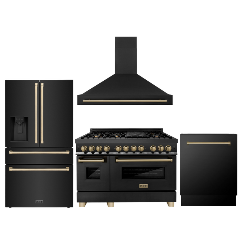 ZLINE Autograph Package - 48" Dual Fuel Range, Range Hood, Refrigerator, Dishwasher in Black Stainless with Bronze Accents