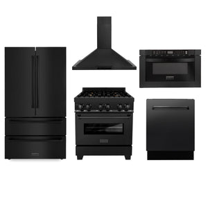 ZLINE Appliance Package - 30" Dual Fuel Range, Range Hood, Microwave, Dishwasher, Refrigerator in Black Stainless