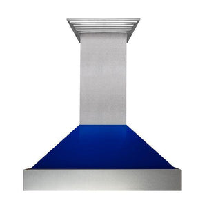 ZLINE 36" Ducted Satin Stainless Steel Wall Mount Range Hood with Blue Gloss Shell, 8654BG-36