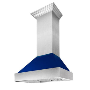ZLINE 36" Ducted Satin Stainless Steel Wall Mount Range Hood with Blue Gloss Shell, 8654BG-36