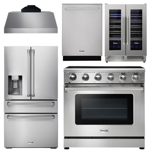 THOR Kitchen Package - 36" Electric Range, Range Hood, Refrigerator with Water and Ice Dispenser, Dishwasher, Wine Cooler, AP-HRE3601-C-8