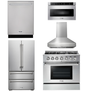 THOR Kitchen Package - 36 In. Natural Gas Burner/Electric Oven Range, Range Hood, Microwave Drawer, Refrigerator, Dishwasher, AP-HRD3606U-W-13