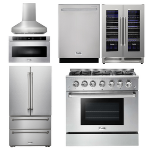 THOR Package - 36" Propane Dual Fuel Range, Range Hood, Microwave, Refrigerator, Dishwasher, Wine Cooler