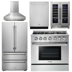 THOR Kitchen Package - 36 In. Propane Gas Burner/Electric Oven Range, Range Hood, Refrigerator, Dishwasher, Wine Cooler, AP-HRD3606ULP-W-12