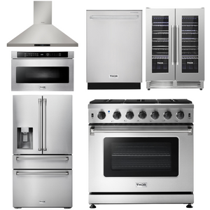 THOR Kitchen Package - 36" Propane Gas Range, Range Hood, Microwave, Refrigerator with Fridge and Ice Maker, Dishwasher, Wine Cooler, AP-LRG3601ULP-14