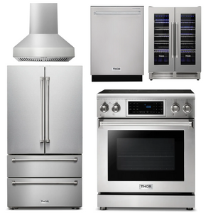 THOR Kitchen Package - 30" Electric Range, Range Hood, Refrigerator, Dishwasher, Wine Cooler, AP-TRE3001-W-3