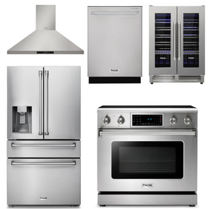 THOR Kitchen Package - 36" Electric Range, Range Hood, Refrigerator with Water and Ice Dispenser, Dishwasher, Wine Cooler, AP-TRE3601-11