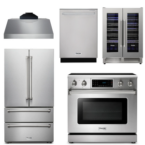 THOR Kitchen Package - 36" Electric Range, Range Hood, Refrigerator, Dishwasher, Wine Cooler, AP-TRE3601-C-3