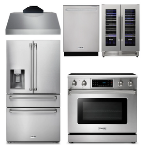 THOR Kitchen Package - 36" Electric Range, Range Hood, Refrigerator with Water and Ice Dispenser, Dishwasher, Wine Cooler, AP-TRE3601-C-8
