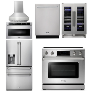 THOR Kitchen Package - 36" Electric Range, Range Hood, Microwave, Refrigerator with Water and Ice Dispenser, Dishwasher, Wine Cooler, AP-TRE3601-W-10