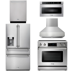 THOR Kitchen Package - 36" Electric Range, Range Hood, Microwave, Refrigerator with Water and Ice Dispenser, Dishwasher, AP-TRE3601-W-9