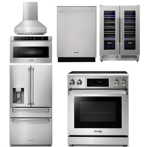 THOR Kitchen Package - 30" Electric Range, Range Hood, Microwave, Refrigerator with Water and Ice Dispenser, Dishwasher, Wine Cooler, AP-TRE3001-W-10