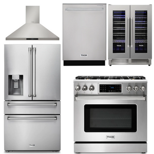 THOR Kitchen Package - 36" Gas Range, Range Hood, Refrigerator with Water and Ice Dispenser, Dishwasher, Wine Cooler, AP-TRG3601-11