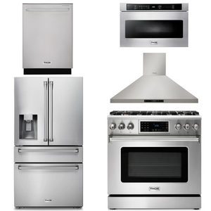 THOR Kitchen Package - 36" Gas Range, Range Hood, Microwave, Refrigerator with Water and Ice Dispenser, Dishwasher, AP-TRG3601-13