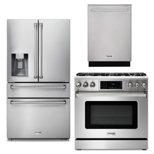 THOR Kitchen Package - 36" Gas Range, Refrigerator with Water and Ice Dispenser, Dishwasher, AP-TRG3601-9
