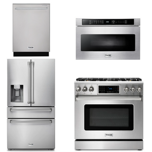 THOR Kitchen Package - 36" Gas Range, Microwave, Refrigerator with Water and Ice Dispenser, Dishwasher, AP-TRG3601LP-12