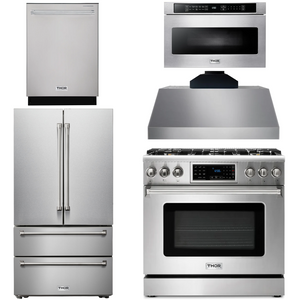 THOR Kitchen Package - 36" Propane Gas Range, Range Hood, Microwave, Refrigerator, Dishwasher, AP-TRG3601LP-C-5