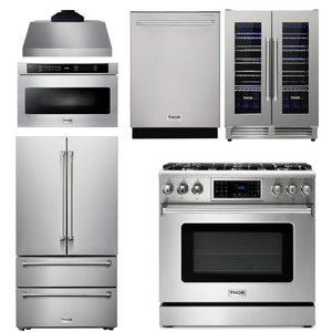 THOR Kitchen Package - 36" Gas Range, Range Hood, Microwave, Refrigerator, Dishwasher, Wine Cooler, AP-TRG3601LP-C-6