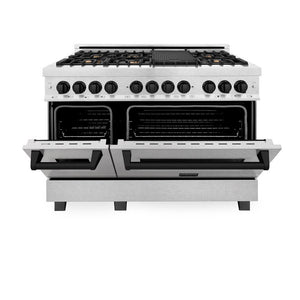 ZLINE Autograph 48" 6.0 cu. ft. Legacy Dual Fuel Range with 7 Burner Gas Cooktop and 2 Electric Ovens in Satin Stainless Steel and Matte Black Accents, RASZ-SN-48-MB