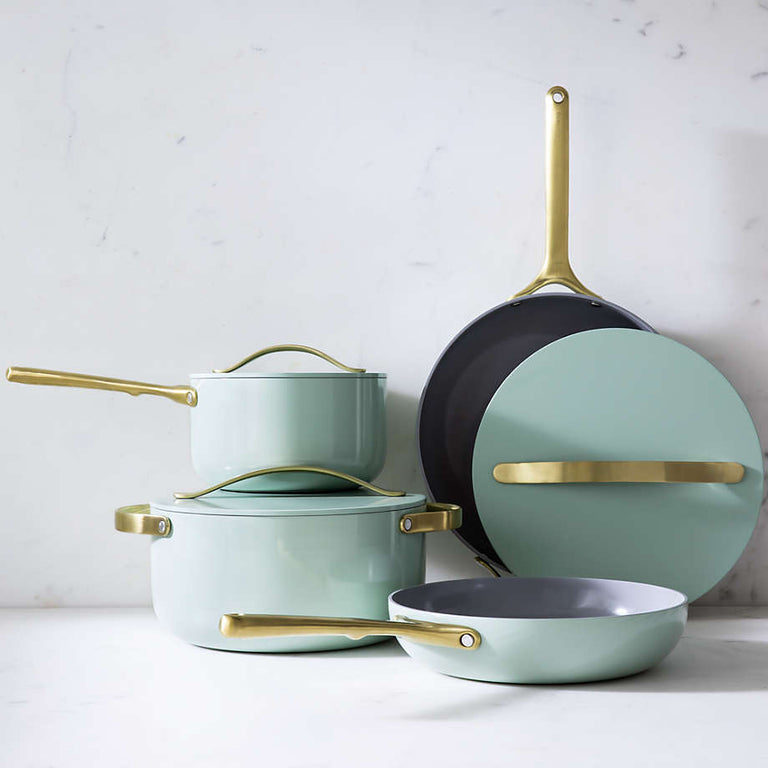 Caraway Non-Toxic and Non-Stick Cookware Set in Silt Green with Gold Handles