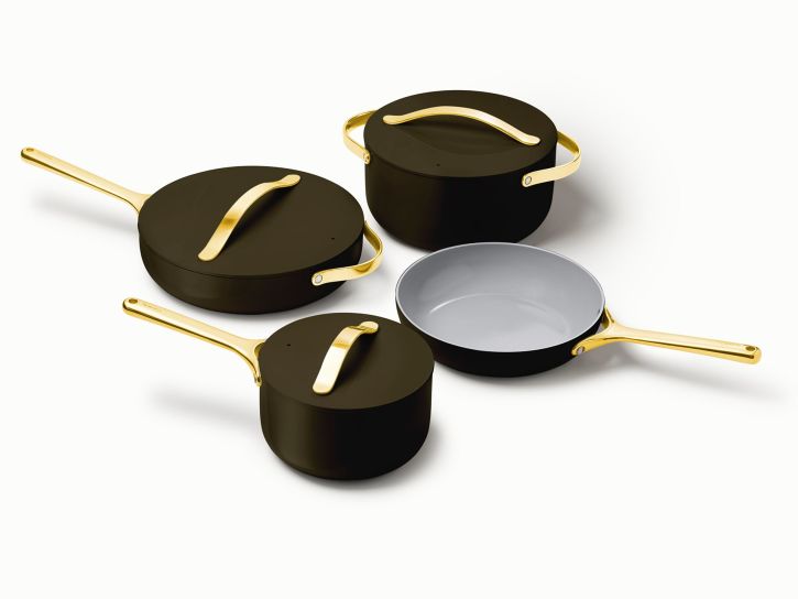 Caraway Non-Toxic and Non-Stick Cookware Set in Black with Gold Handles