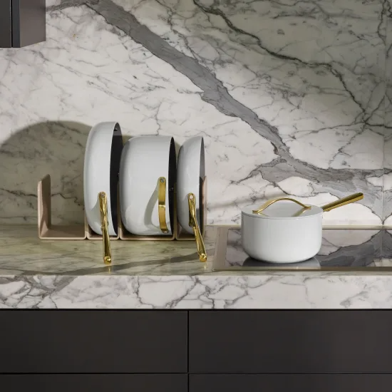 Caraway White Cookware Set on Kitchen Counter