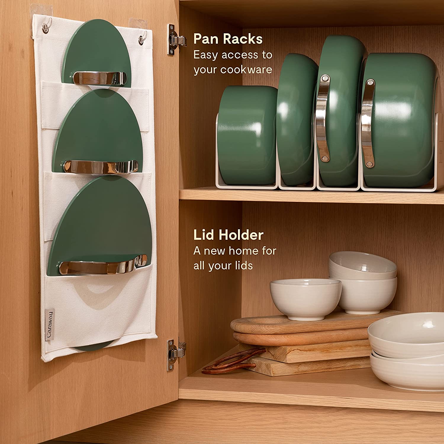 Caraway Sage Cookware Set in Storage