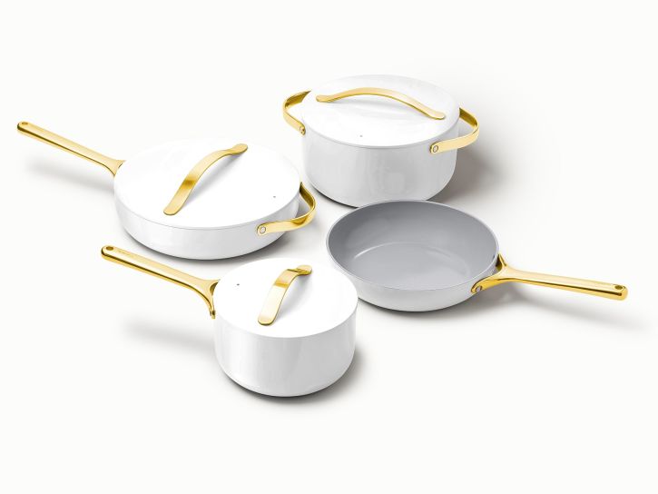 Caraway Non-Toxic and Non-Stick Cookware Set in White with Gold Handles