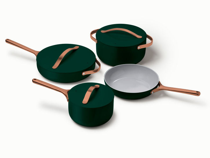 Caraway Non-Toxic and Non-Stick Cookware Set in Emerald with Copper Handles