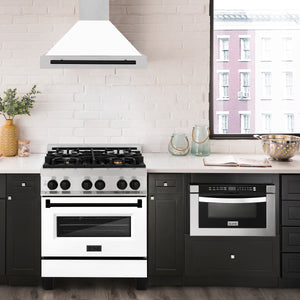 ZLINE Autograph 30" Convertible Satin Stainless Steel Wall Mount Range Hood with White Matte Shell and Matte Black Handle, KB4SNZ-WM30-MB