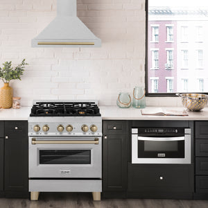 ZLINE Autograph 30" Convertible Satin Stainless Steel Wall Mount Range Hood with Champagne Bronze Handle, KB4SNZ-30-CB