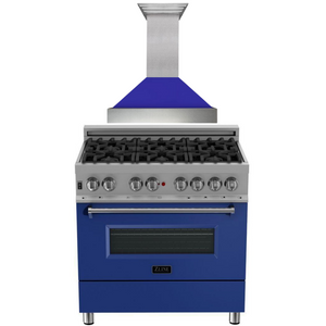 ZLINE Appliance Package - 36" Dual Fuel Range with Blue Gloss Door and Convertible Vent Range Hood in Satin Stainless Steel, 2KP-RASBMRH36