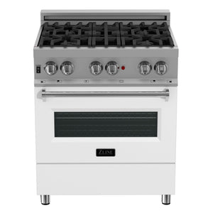 ZLINE Kitchen and Bath 30 in. Dual Fuel Range in Satin Stainless Steel with White Matte Door & 30 in. Range Hood Appliance Package, 2KP-RASWMRH30