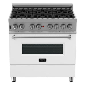 ZLINE 36" Dual Fuel Range in Satin Stainless Steel with White Matte Door & 36" Range Hood Appliance Package, 2KP-RASWMRH36