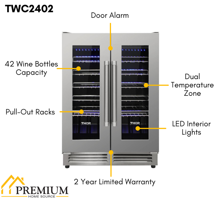 Thor Kitchen 24 in. 42 Bottle Dual Zone Wine Cooler, TWC2402
