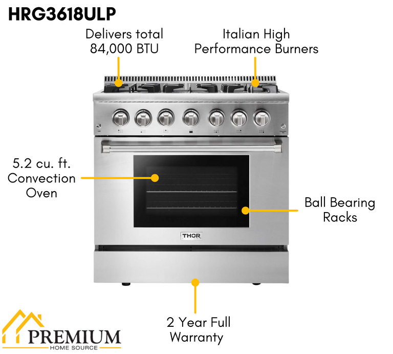 Thor Kitchen 36 in. Propane Gas Range, Range Hood, Refrigerator, Dishwasher Professional Package, AP-HRG3618ULP-3