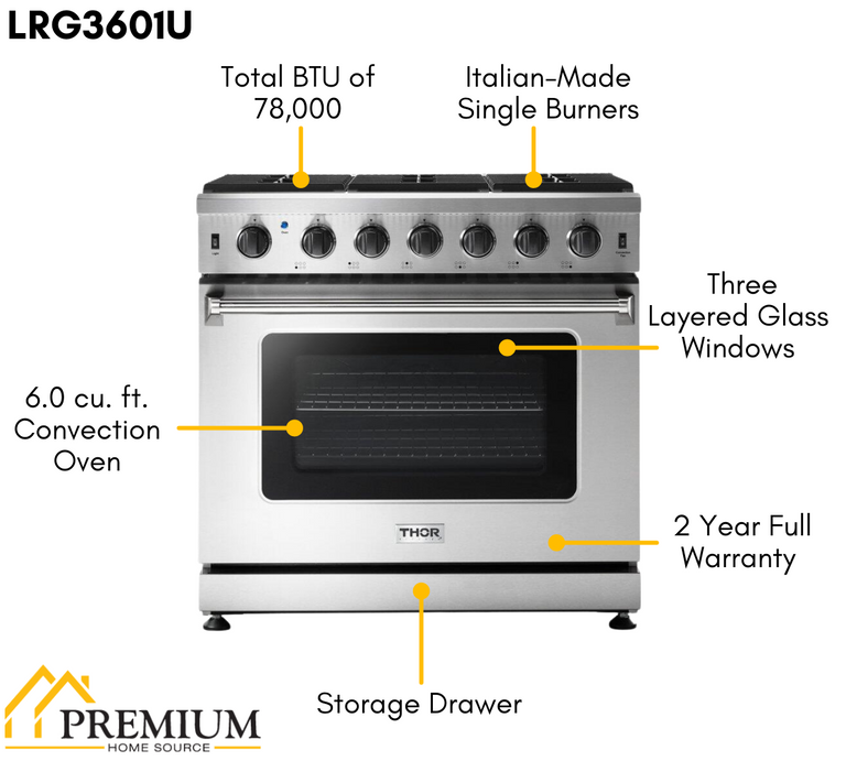 Thor Kitchen Package - 36" Gas Range, Range Hood, Refrigerator with Water and Ice Dispenser, Dishwasher, AP-LRG3601U-10