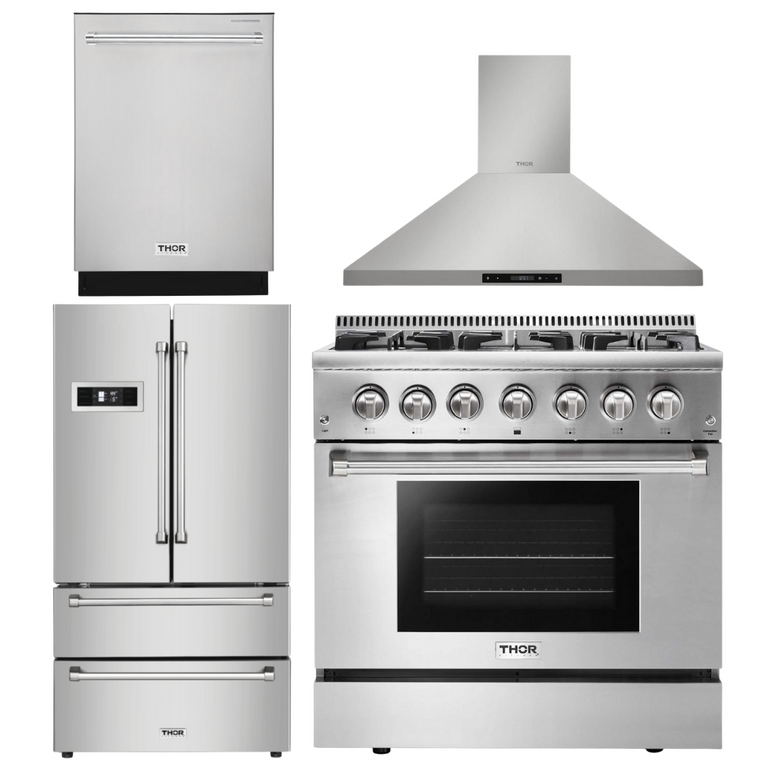 Thor Kitchen 36 in. Gas Burner/Electric Oven Range, Range Hood, Dishwasher & Refrigerator Package, AP-HRD3606U-3