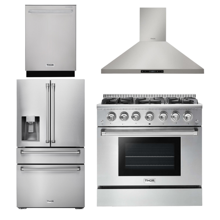Thor Kitchen Package - 36" Propane Gas Range, Range Hood, Refrigerator with Water and Ice Dispenser, Dishwasher, AP-HRG3618ULP-10