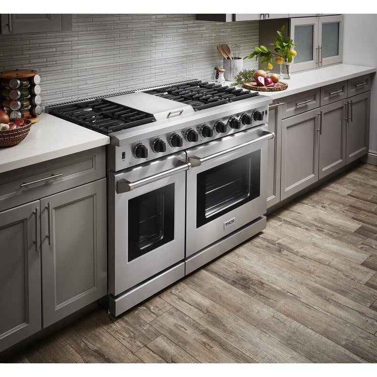 Thor Kitchen Package - 48" Gas Range, Range Hood, Refrigerator with Water and Ice Dispenser, Dishwasher, Wine Cooler, Microwave, AP-LRG4807U-W-10