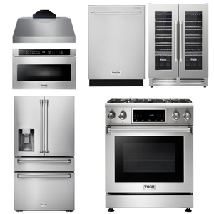 THOR Kitchen Package - 30" Propane Gas Range, Range Hood, Microwave, Refrigerator with Water and Ice Dispenser, Dishwasher, Wine Cooler