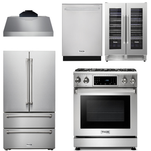 THOR Kitchen Package - 30" Gas Range, Range Hood, Refrigerator, Dishwasher, Wine Cooler, AP-TRG3001-C-3