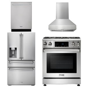 THOR Kitchen Package - 30" Gas Range, Range Hood, Refrigerator with Water and Ice Dispenser, Dishwasher, AP-TRG3001-W-7